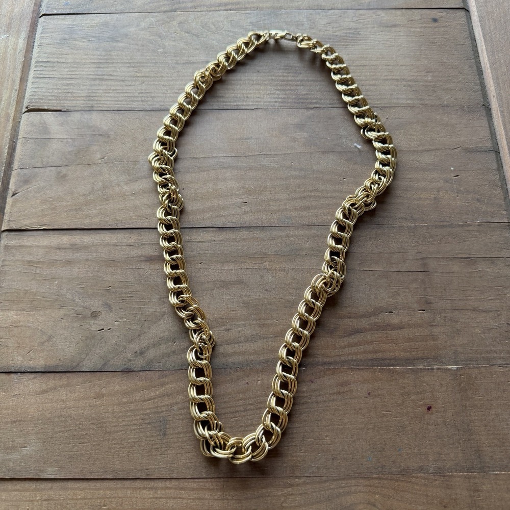 VTG 80s Napier Chunky Gold Triple Link Chain Necklace 29.5" Signed